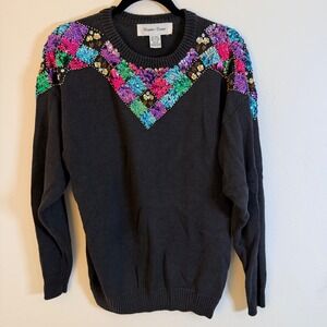 VTG Womens S Sequin Sweater Black Knit Multicolor Retro 80s Maximalist